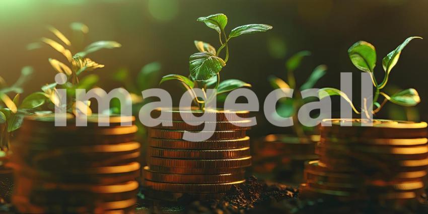Small plants sprouting from stacks of coins background, delicate green shoots emerging from piles of shiny coins, symbolizing growth, prosperity, and financial success, set against a neutral or soft backdrop to highlight the contrast.