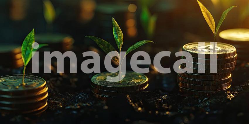 Small plants sprouting from stacks of coins background, delicate green shoots emerging from piles of shiny coins, symbolizing growth, prosperity, and financial success, set against a neutral or soft backdrop to highlight the contrast.