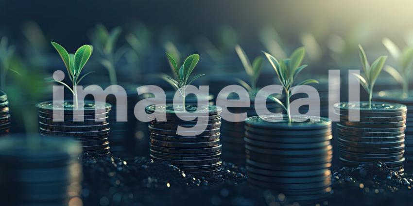 Small plants sprouting from stacks of coins background, delicate green shoots emerging from piles of shiny coins, symbolizing growth, prosperity, and financial success, set against a neutral or soft backdrop to highlight the contrast.