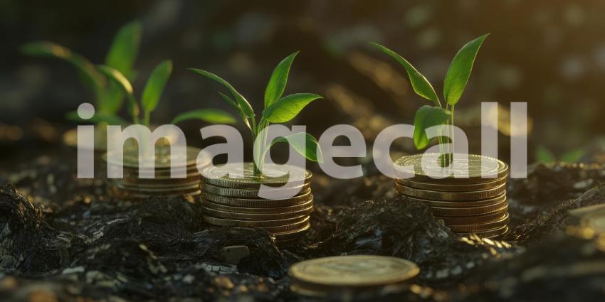 Small plants sprouting from stacks of coins background, delicate green shoots emerging from piles of shiny coins, symbolizing growth, prosperity, and financial success, set against a neutral or soft backdrop to highlight the contrast.