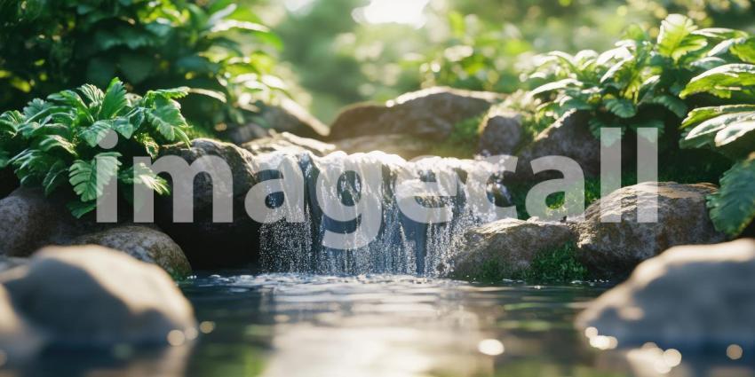 Small waterfall flowing over rocks with greenery background, clear water tumbling down moss-covered rocks, surrounded by lush vegetation, creating a peaceful and natural oasis.