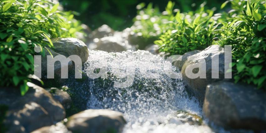 Small waterfall flowing over rocks with greenery background, clear water tumbling down moss-covered rocks, surrounded by lush vegetation, creating a peaceful and natural oasis.