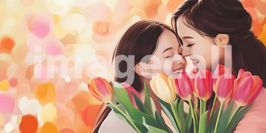 Smiling mom and daughter with a bouquet of tulip flowers gift background, a joyful scene of a mother and daughter happily holding a vibrant bouquet of colorful tulips, with soft lighting creating a warm, loving atmosphere.