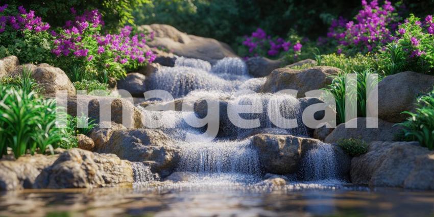 Small waterfall flowing over rocks with greenery background, clear water tumbling down moss-covered rocks, surrounded by lush vegetation, creating a peaceful and natural oasis.