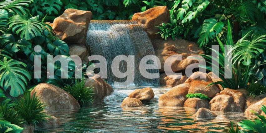 Small waterfall flowing over rocks with greenery background, clear water tumbling down moss-covered rocks, surrounded by lush vegetation, creating a peaceful and natural oasis.