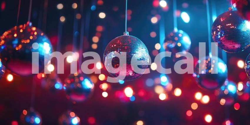 Party disco balls hanging from the ceiling in a club background, reflecting colorful lights and creating a vibrant, energetic atmosphere as the lights bounce off the shimmering surfaces, setting the stage for a lively dance party.