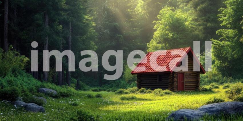 Small Wooden Cabin with Red Roof and Lush Green Forest Background, Cozy Cabin Nestled Amongst Tall Trees in a Vibrant Green Forest Setting