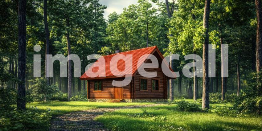 Small Wooden Cabin with Red Roof and Lush Green Forest Background, Cozy Cabin Nestled Amongst Tall Trees in a Vibrant Green Forest Setting