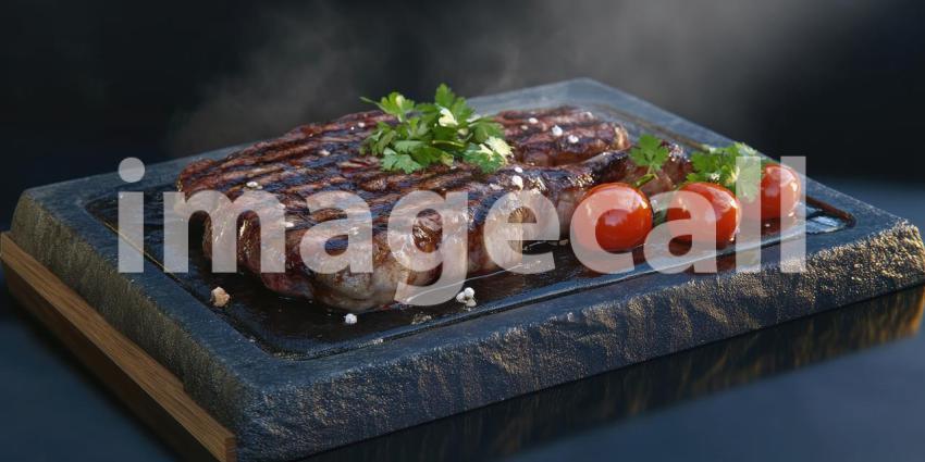 Sizzling Steak Platter with Garnishes on Hot Stone Background, Mouthwatering Steak Served on a Hot Stone with Fresh Garnishes