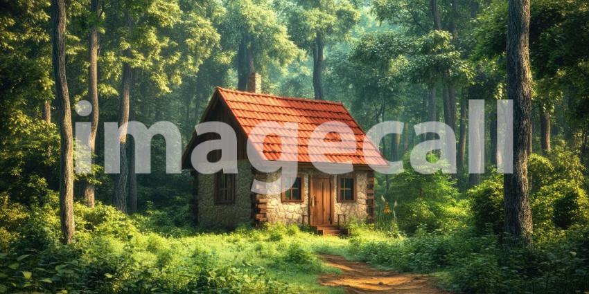 Small Wooden Cabin with Red Roof and Lush Green Forest Background, Cozy Cabin Nestled Amongst Tall Trees in a Vibrant Green Forest Setting