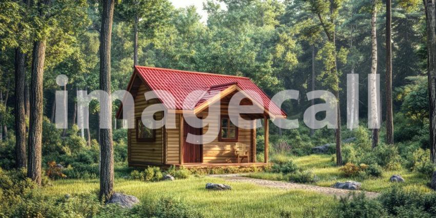 Small Wooden Cabin with Red Roof and Lush Green Forest Background, Cozy Cabin Nestled Amongst Tall Trees in a Vibrant Green Forest Setting