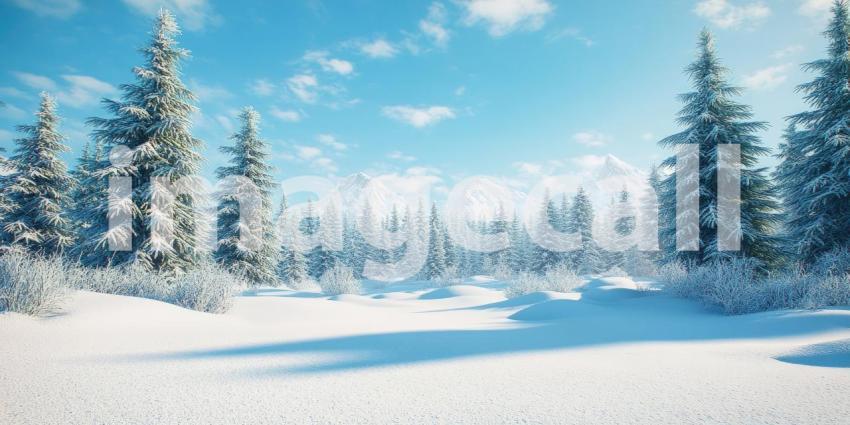 Snow-covered pine trees background, tall pine trees blanketed with fresh snow, creating a peaceful and serene winter scene, with soft, white snowflakes gently resting on the branches, evoking the beauty and stillness of a snowy forest.