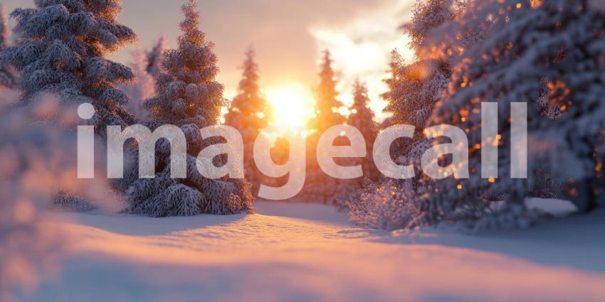 Snowy winter landscape with sunlight peeking through the trees background, soft rays of light filtering through bare branches, casting a warm glow over the serene, snow-covered ground.