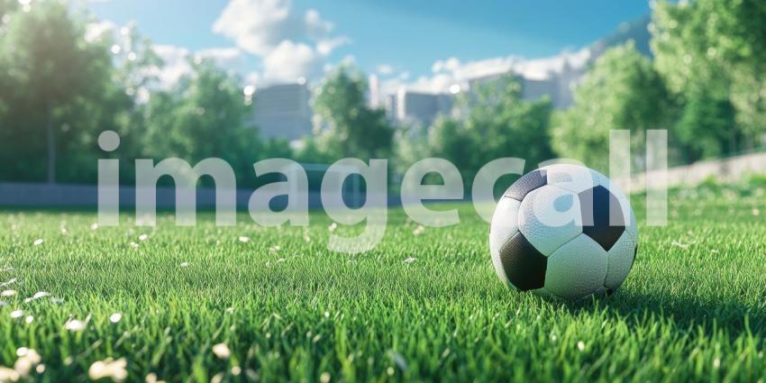 Soccer ball on green grass of stadium field background, a perfectly placed ball on the lush, well-maintained turf, with the stadium stands and a clear sky in the distance, setting the scene for a game.
