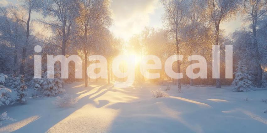 Snowy winter landscape with sunlight peeking through the trees background, soft rays of light filtering through bare branches, casting a warm glow over the serene, snow-covered ground.