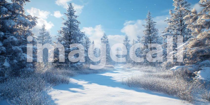 Snow-covered pine trees background, tall pine trees blanketed with fresh snow, creating a peaceful and serene winter scene, with soft, white snowflakes gently resting on the branches, evoking the beauty and stillness of a snowy forest.