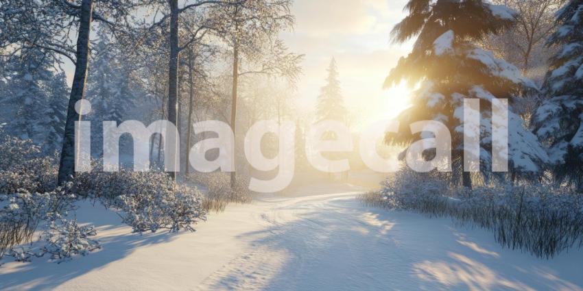 Snowy winter landscape with sunlight peeking through the trees background, soft rays of light filtering through bare branches, casting a warm glow over the serene, snow-covered ground.