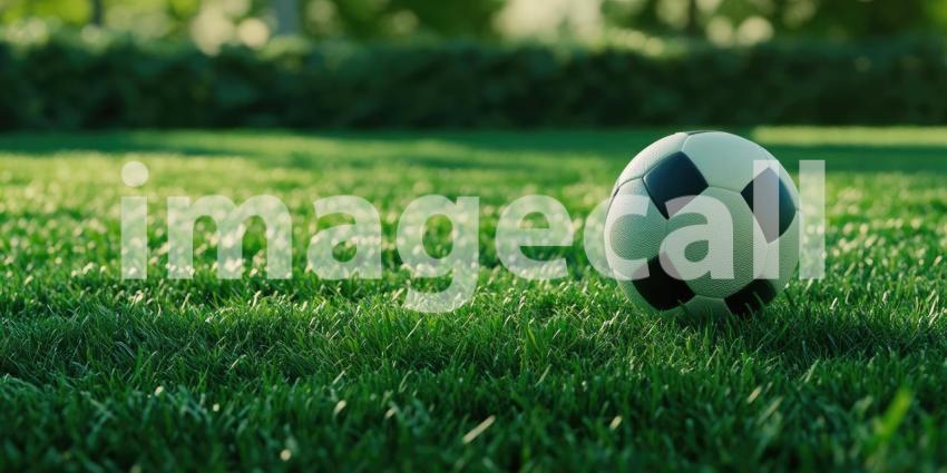 Soccer ball on green grass of stadium field background, a perfectly placed ball on the lush, well-maintained turf, with the stadium stands and a clear sky in the distance, setting the scene for a game.