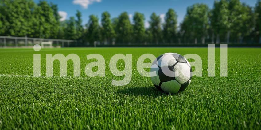 Soccer ball on green grass of stadium field background, a perfectly placed ball on the lush, well-maintained turf, with the stadium stands and a clear sky in the distance, setting the scene for a game.