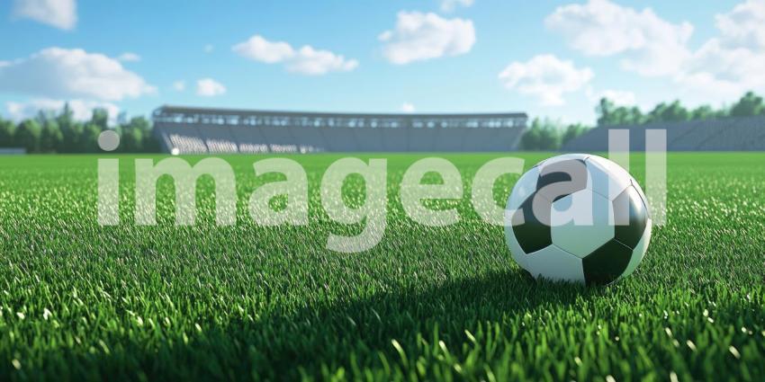 Soccer ball on green grass of stadium field background, a perfectly placed ball on the lush, well-maintained turf, with the stadium stands and a clear sky in the distance, setting the scene for a game.