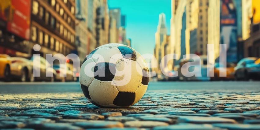 Soccer Football on Street Daylight Urban City Background, A Lively City Street with a Soccer Ball on the Ground Under Bright Daylight