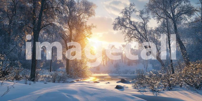 Snowy winter landscape with sunlight peeking through the trees background, soft rays of light filtering through bare branches, casting a warm glow over the serene, snow-covered ground.