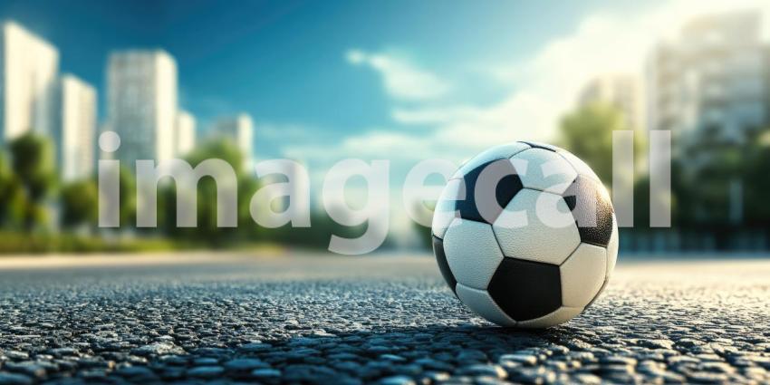 Soccer Football on Street Daylight Urban City Background, A Lively City Street with a Soccer Ball on the Ground Under Bright Daylight