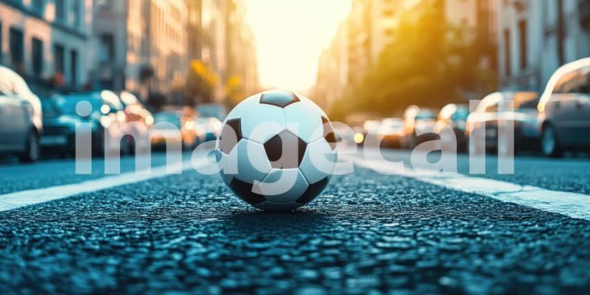 Soccer Football on Street Daylight Urban City Background, A Lively City Street with a Soccer Ball on the Ground Under Bright Daylight