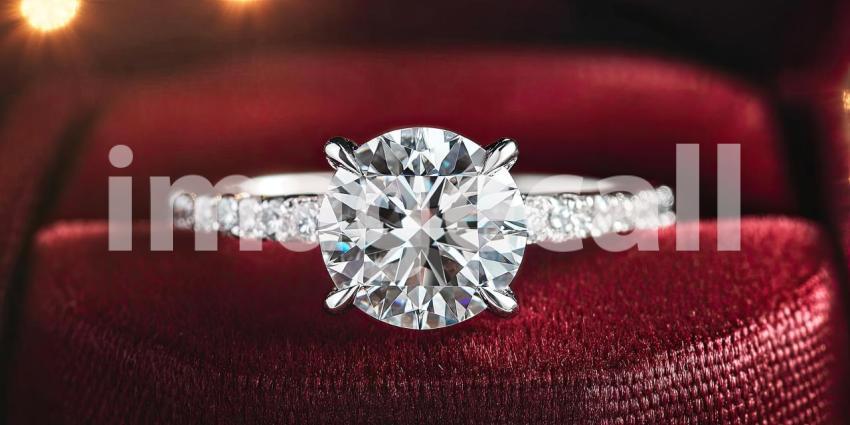 Sparkling diamond engagement ring in a velvet box background, the brilliant diamond gleaming under soft lighting, nestled in a luxurious red velvet box, evoking a sense of elegance and romance.