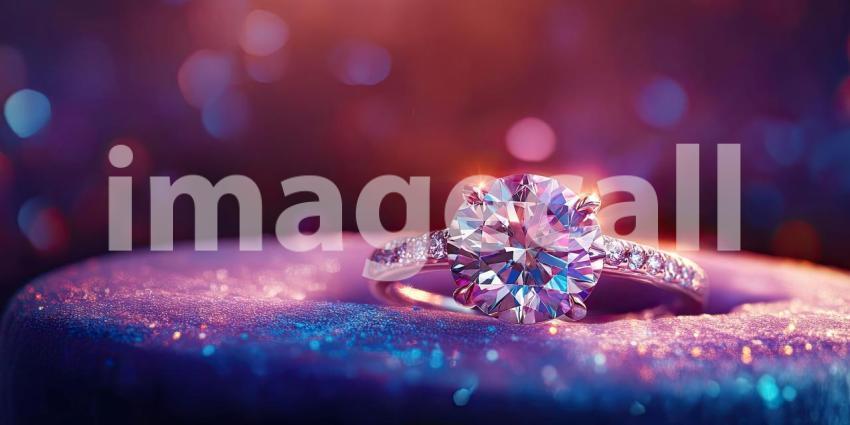 Sparkling diamond engagement ring in a velvet box background, the brilliant diamond gleaming under soft lighting, nestled in a luxurious red velvet box, evoking a sense of elegance and romance.