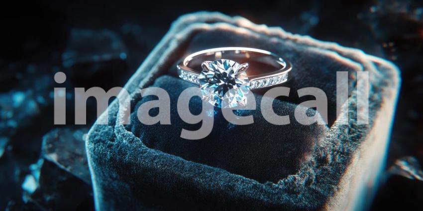Sparkling diamond engagement ring in a velvet box background, the brilliant diamond gleaming under soft lighting, nestled in a luxurious red velvet box, evoking a sense of elegance and romance.