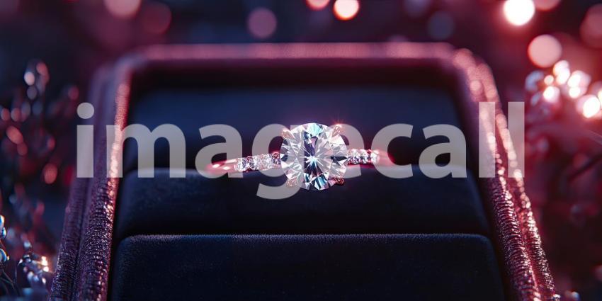 Sparkling diamond engagement ring in a velvet box background, the brilliant diamond gleaming under soft lighting, nestled in a luxurious red velvet box, evoking a sense of elegance and romance.