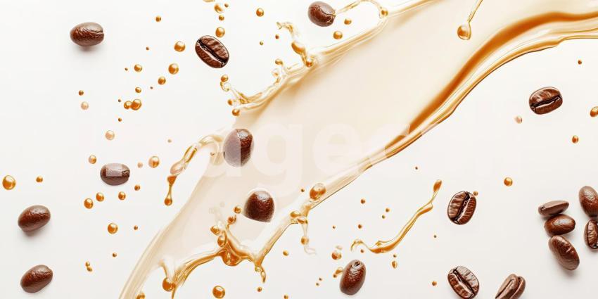 Splashing liquid coffee with floating beans background, rich coffee splashing upwards with several coffee beans suspended in mid-air, creating a dynamic and flavorful scene full of movement and energy.