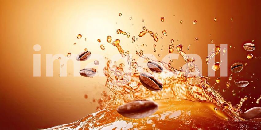 Splashing liquid coffee with floating beans background, rich coffee splashing upwards with several coffee beans suspended in mid-air, creating a dynamic and flavorful scene full of movement and energy.