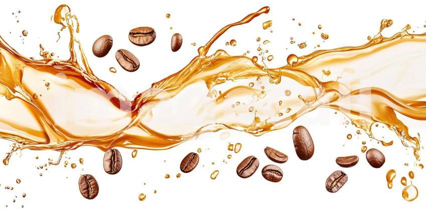Splashing liquid coffee with floating beans background, rich coffee splashing upwards with several coffee beans suspended in mid-air, creating a dynamic and flavorful scene full of movement and energy.