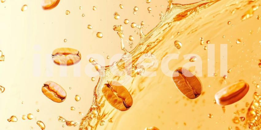 Splashing liquid coffee with floating beans background, rich coffee splashing upwards with several coffee beans suspended in mid-air, creating a dynamic and flavorful scene full of movement and energy.