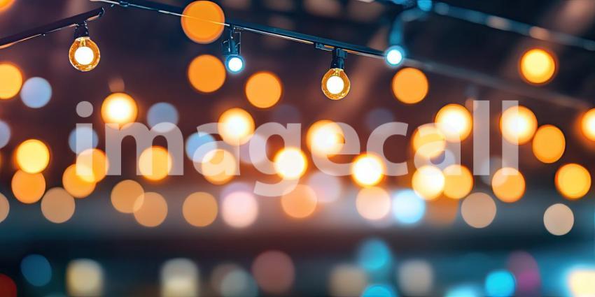 Spotlights Illuminate Colorful Backdrop of Blurred Lights Background, Vibrant Lights Blurring into a Dreamy Effect with Focused Spotlights Creating a Dramatic Scene