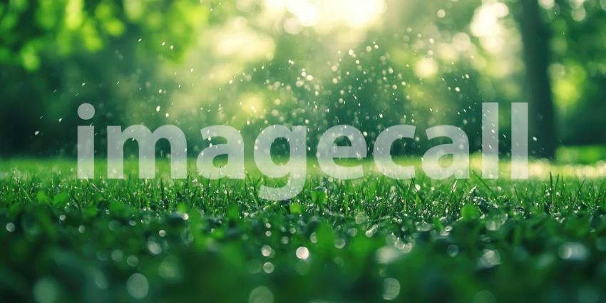Sprinkler head watering a lush green lawn background, droplets of water gently spraying across the vibrant grass, creating a refreshing and peaceful scene under a bright sky.