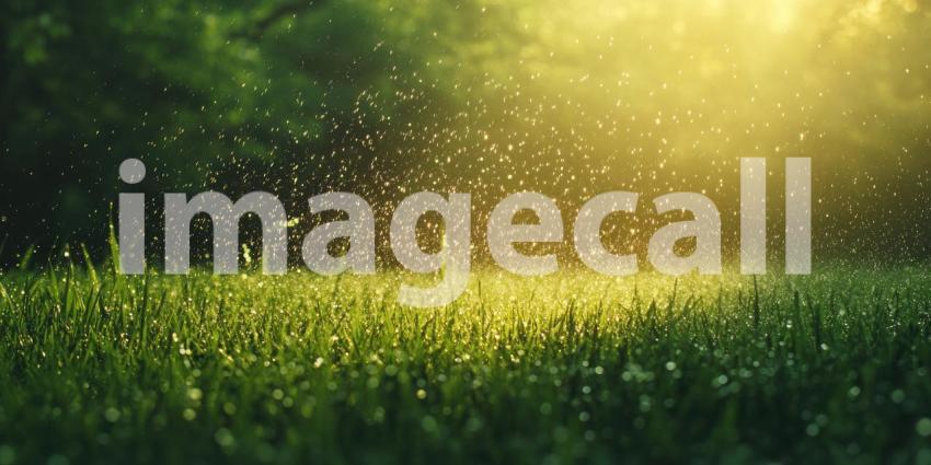 Sprinkler head watering a lush green lawn background, droplets of water gently spraying across the vibrant grass, creating a refreshing and peaceful scene under a bright sky.
