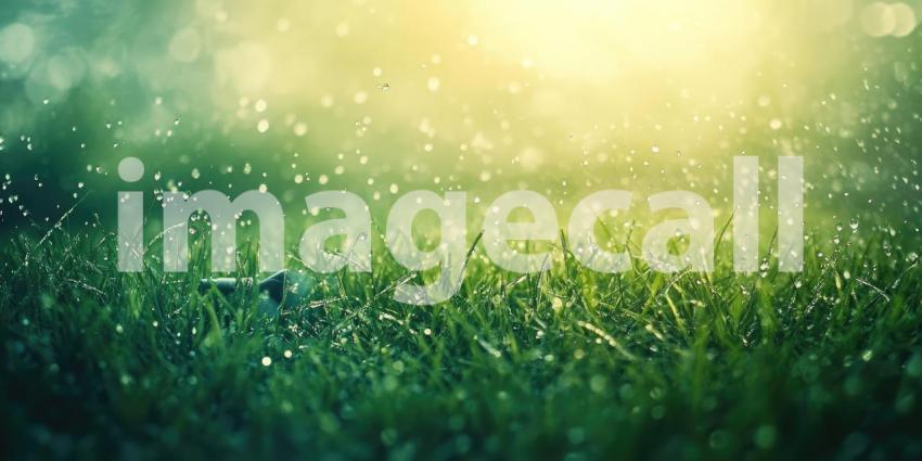 Sprinkler head watering a lush green lawn background, droplets of water gently spraying across the vibrant grass, creating a refreshing and peaceful scene under a bright sky.