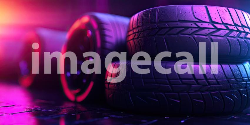 Stack of Racing Sports Car Tires with Vibrant Background, Bold Racing Tires Piled Up Against a Colorful, Energetic Backdrop