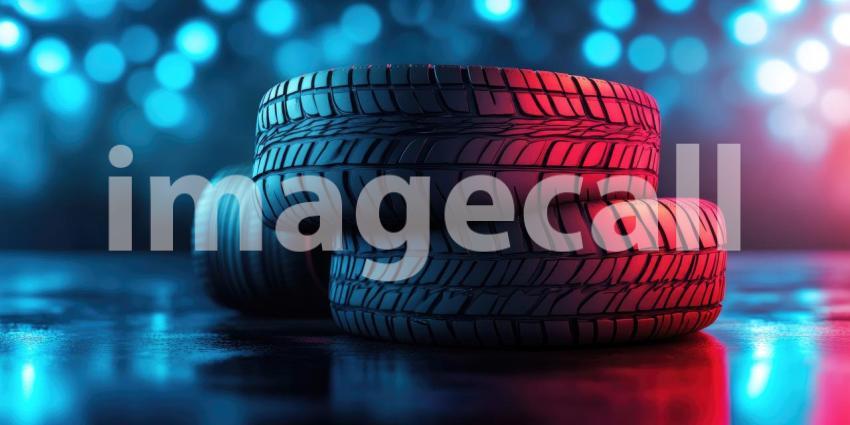 Stack of Racing Sports Car Tires with Vibrant Background, Bold Racing Tires Piled Up Against a Colorful, Energetic Backdrop