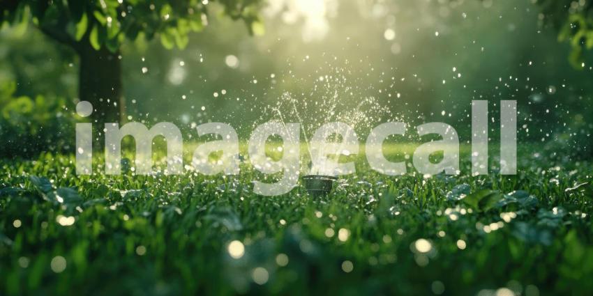 Sprinkler head watering a lush green lawn background, droplets of water gently spraying across the vibrant grass, creating a refreshing and peaceful scene under a bright sky.
