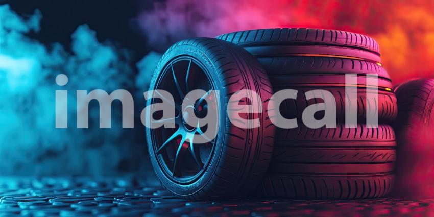Stack of Racing Sports Car Tires with Vibrant Background, Bold Racing Tires Piled Up Against a Colorful, Energetic Backdrop