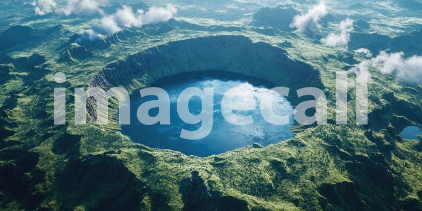Stunning aerial view of a volcanic crater lake background, the deep blue water nestled within the jagged crater's rim, surrounded by lush greenery and rugged terrain, offering a breathtaking and dramatic landscape.