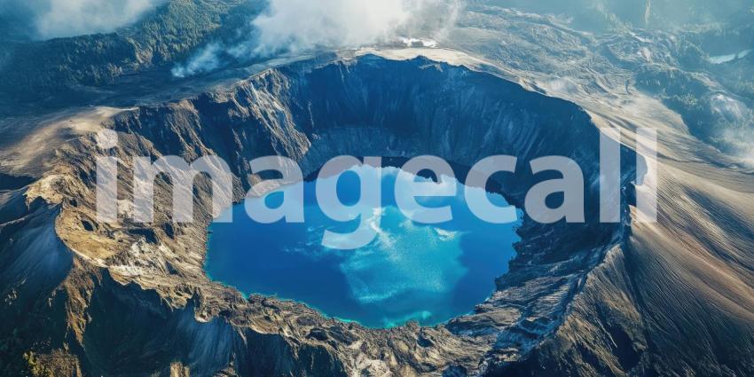 Stunning aerial view of a volcanic crater lake background, the deep blue water nestled within the jagged crater's rim, surrounded by lush greenery and rugged terrain, offering a breathtaking and dramatic landscape.