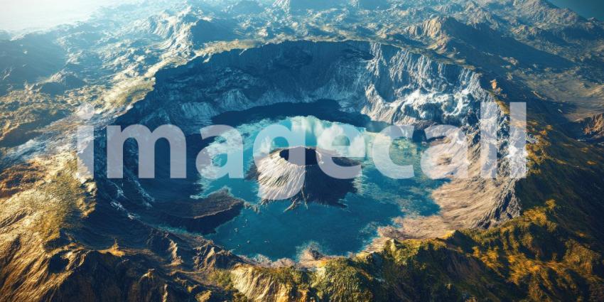 Stunning aerial view of a volcanic crater lake background, the deep blue water nestled within the jagged crater's rim, surrounded by lush greenery and rugged terrain, offering a breathtaking and dramatic landscape.