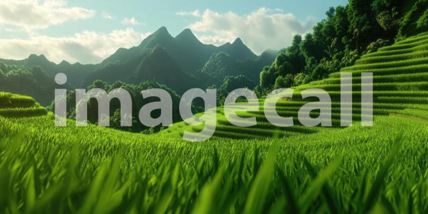 Stunning green terraced rice fields in a mountainous background, layers of lush greenery cascading down the slopes, surrounded by misty mountains and a tranquil sky.