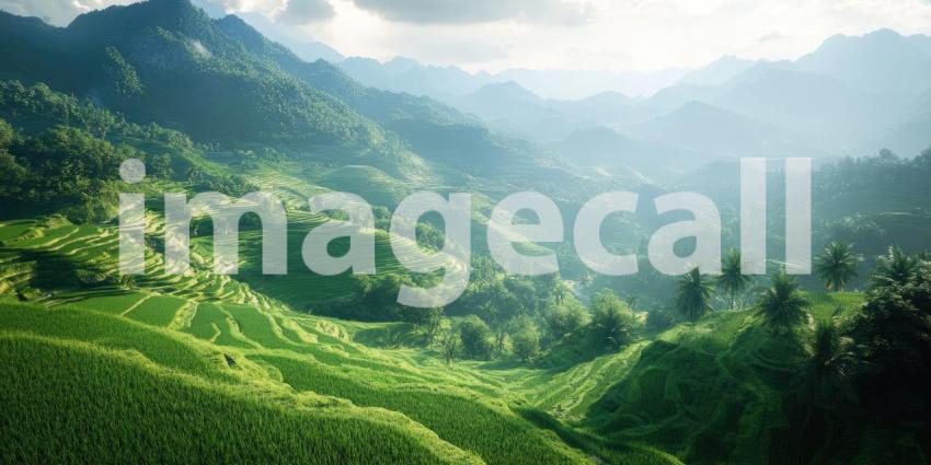 Stunning green terraced rice fields in a mountainous background, layers of lush greenery cascading down the slopes, surrounded by misty mountains and a tranquil sky.