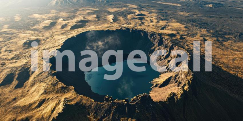 Stunning aerial view of a volcanic crater lake background, the deep blue water nestled within the jagged crater's rim, surrounded by lush greenery and rugged terrain, offering a breathtaking and dramatic landscape.